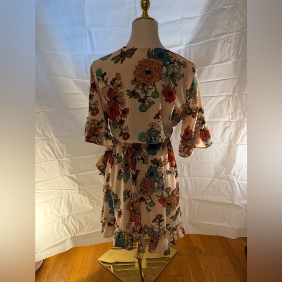 Easel Orange and Blue Ruffled Tie Front Sundress with 3/4 Flutter Sleeves - Picture 3 of 7